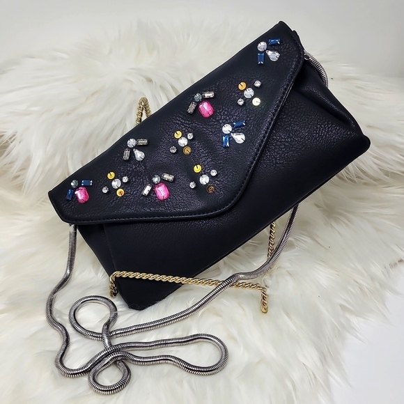 Candie’s ✦ Rhinestone Crossbody Clutch ✦ Black Faux Leather Silver Snake Chain - Picture 5 of 13